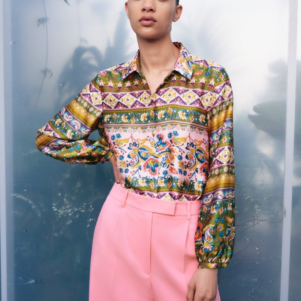 Zara Patterned Satin Effect Shirt Blouse Button Down